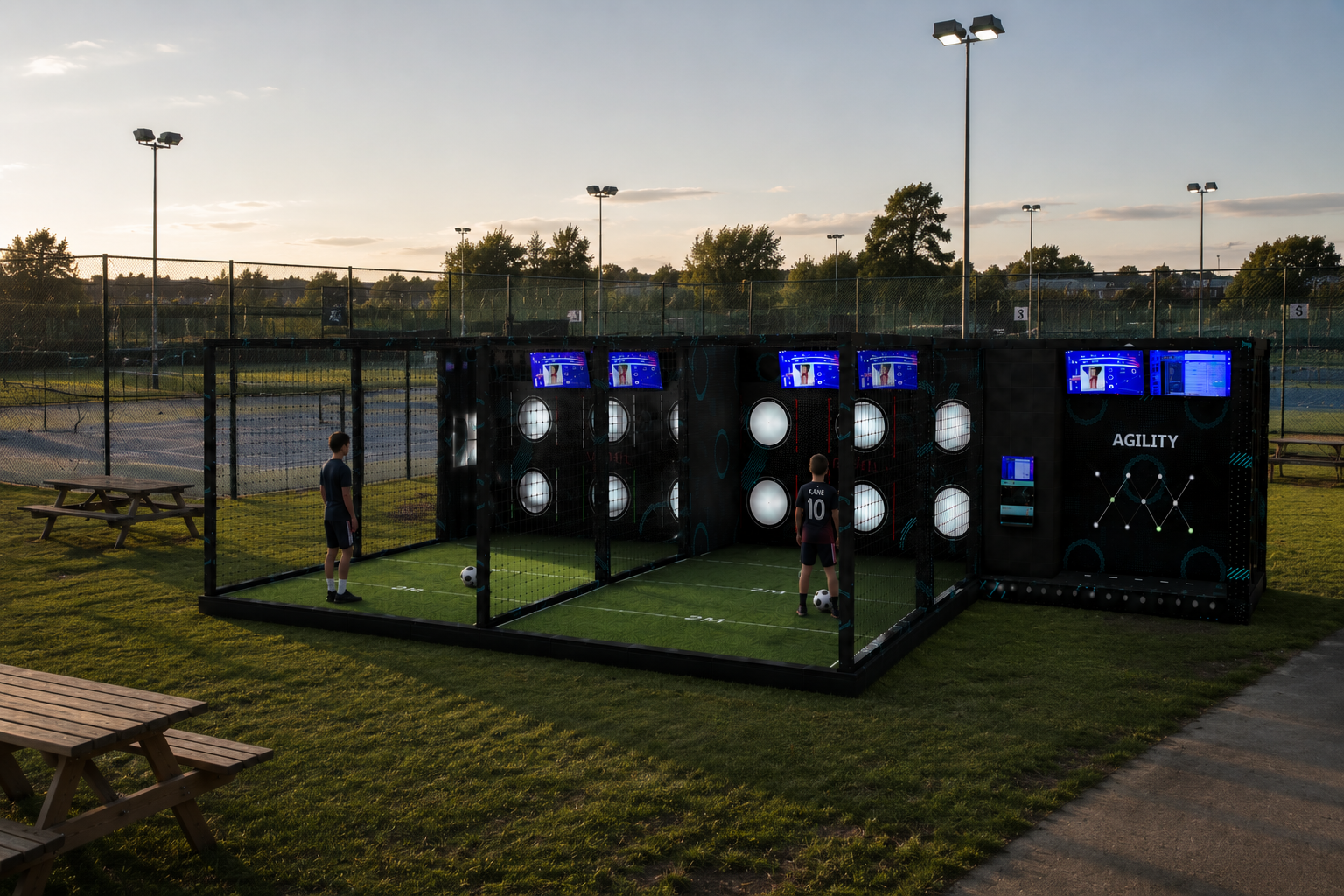 Outdoor netted football skills and agility simulator bays with target screens at dusk
