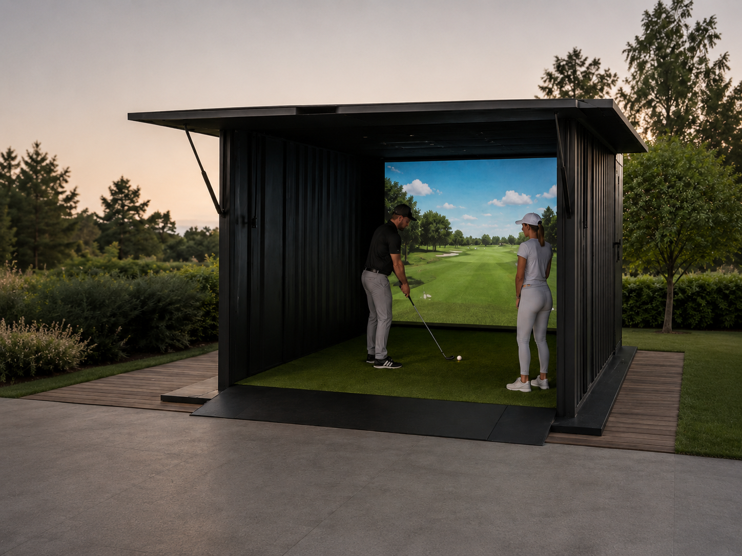 Two guests playing in an open-sided weatherproof container golf simulator on a resort lawn at dusk