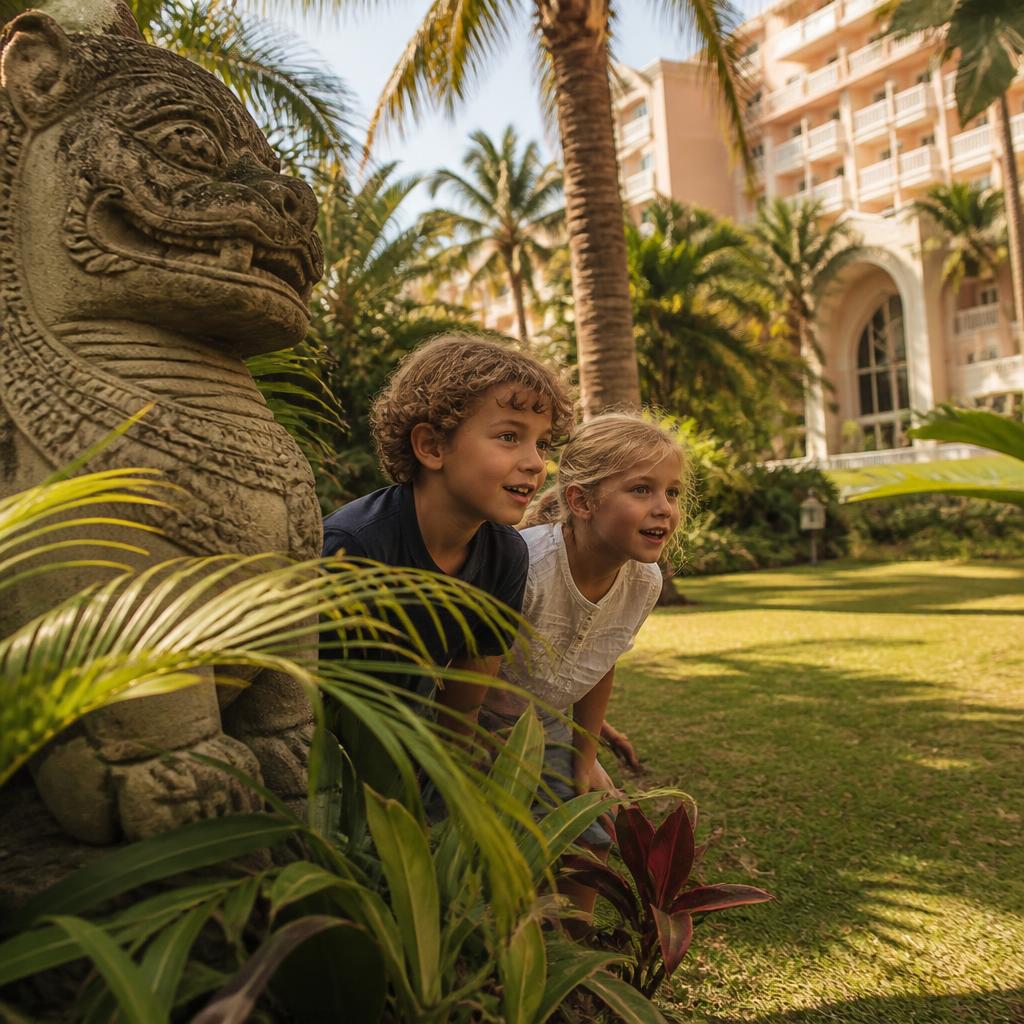 Excited children searching for hidden treasure among the plants and statues of a hotel garden